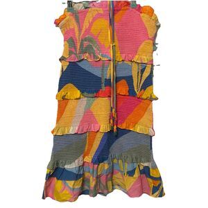 Farm Rio Tropical Sunset Smocked Tiered Mini Dress Shoulder Straps Medium